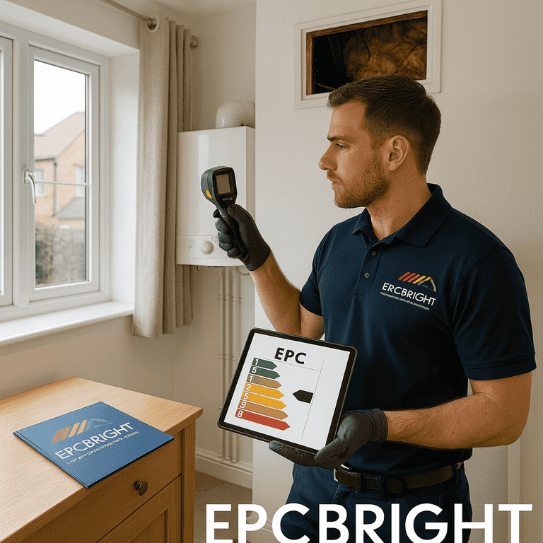 Energy assessor inspecting a window while holding an EPC on a tablet