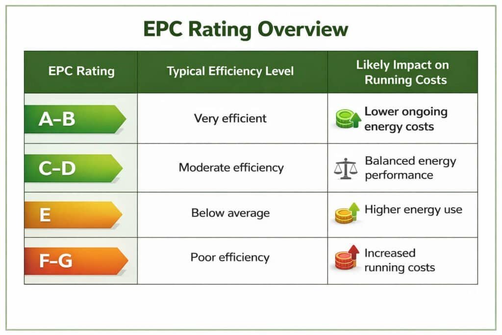 EPC rating overview comparing typical efficiency and likely living costs from A-B to G